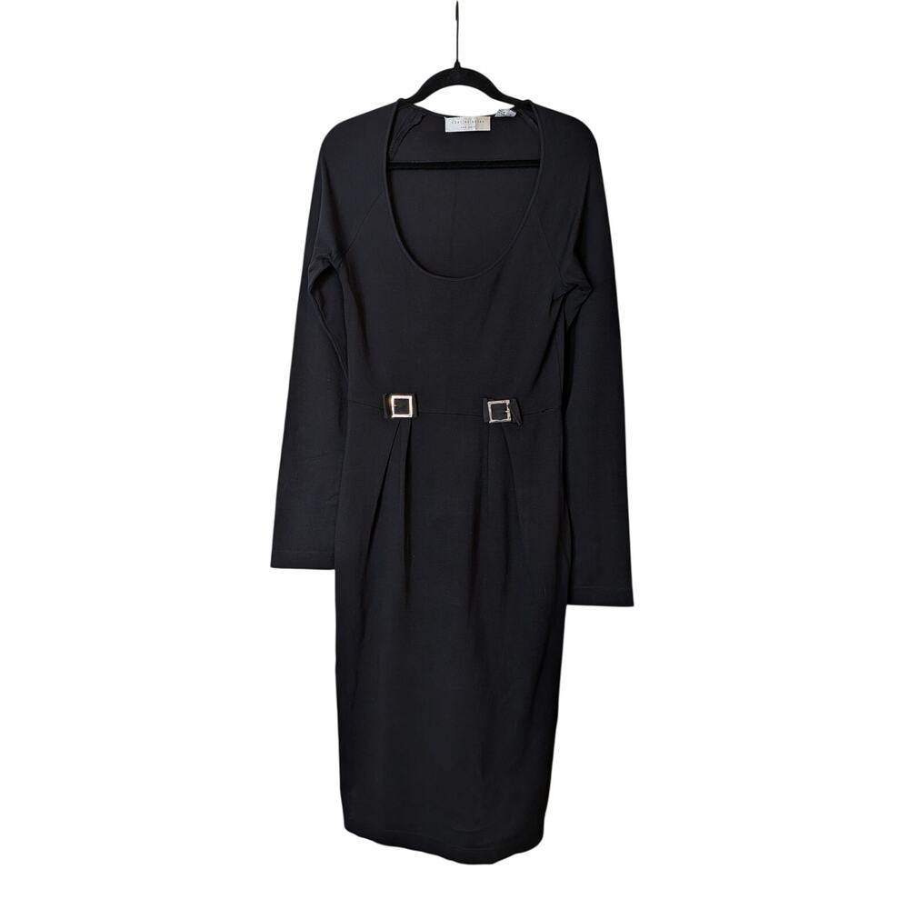 Charles Nolan New York Vintage Y2K Designer Black Buckle Waist Midi Dress Size M